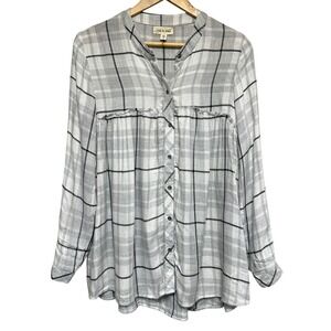 Cloth & Stone Plaid Tunic Top Women M Gray Long Sleeve Button Down Casual Fringe
